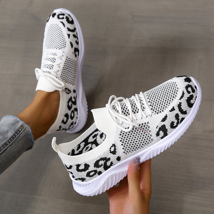 Women's Leopard Print Sneakers | White Lace-Up Sports Shoes - Artistic Decor