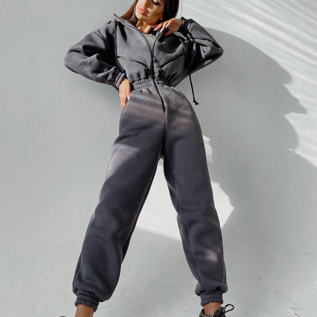 Women's Two Piece Hoodie Set | Casual Zip-Up Tracksuit - Home Decor