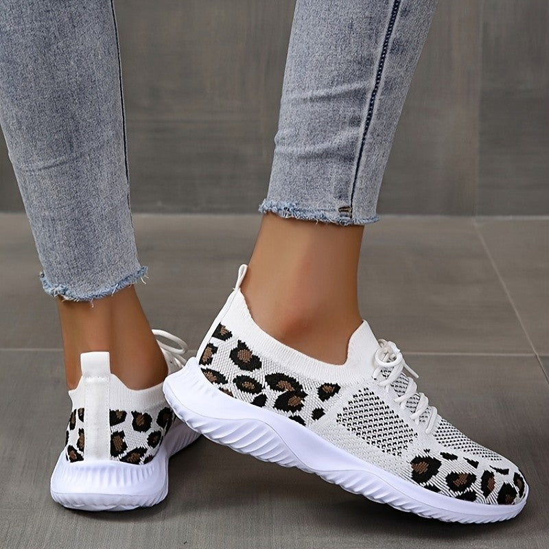 Women's Leopard Print Sneakers | White Lace-Up Sports Shoes - Artistic Decor