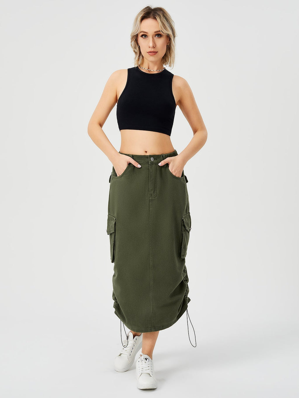 Women's Cargo Maxi Skirt | High Waist Split Pocket Skirt - Premium Canvas